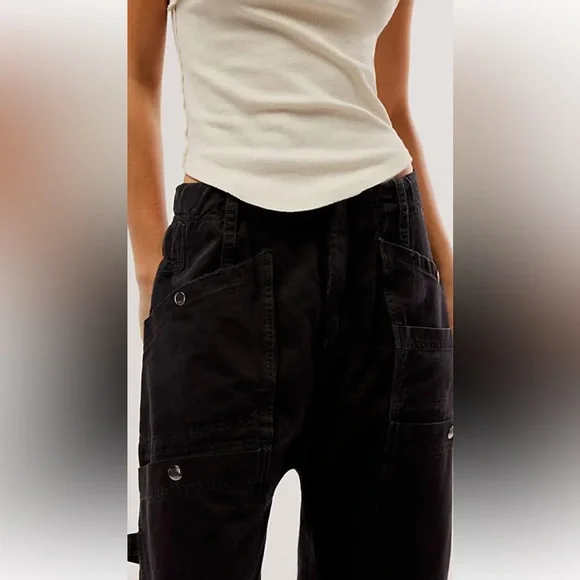 Free People The Only One Carpenter Pants Barrel Slouchy Cinch Back Band Black